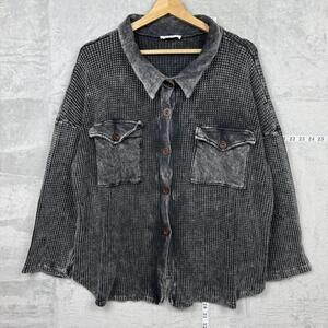 Bucketlist Waffle Knit Button-Up Shirt Black Acid Wash Oversized Size Medium USA